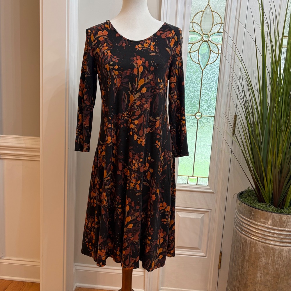 Garnet Hill Tencel Lyocell Midi Dress Small Orange Black 3/4 Sleeve Fall Floral